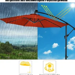 Polyester Ampelschirm mit Solarlichtern Schirm einfach neigbar Kreuzschirmständer 300 cm Burgunderrot