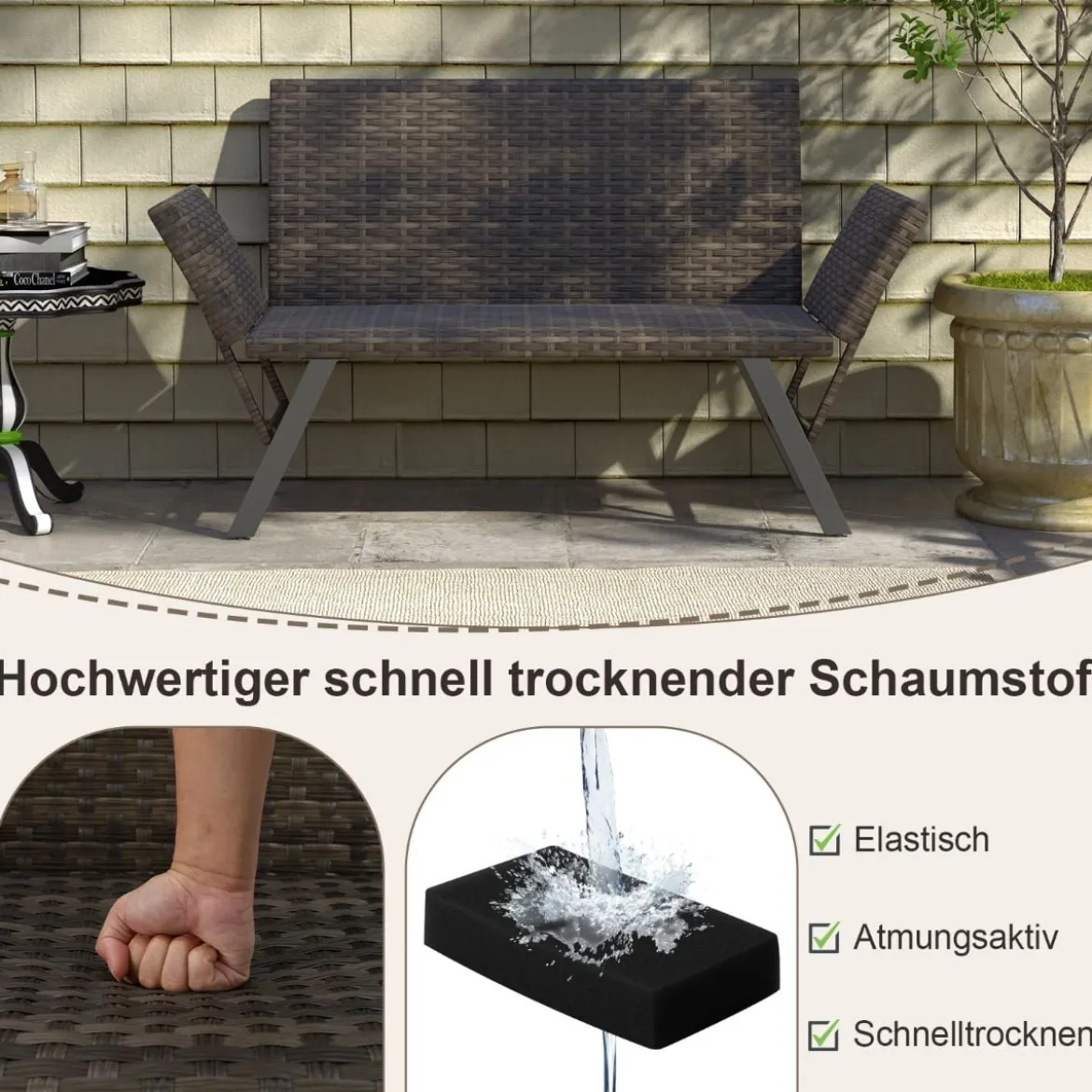 Polyrattan Gartenbank mit Liegefunktion & Verstellbaren Armlehnen Gartensofa Balkonbankbelastbar bis zu 300 kg