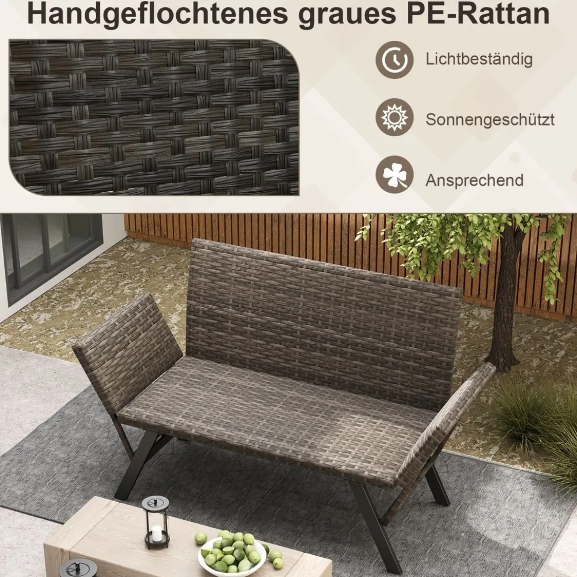 Polyrattan Gartenbank mit Liegefunktion & Verstellbaren Armlehnen Gartensofa Balkonbankbelastbar bis zu 300 kg