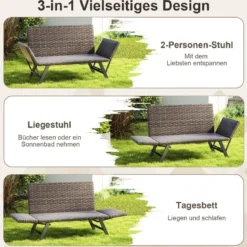 Polyrattan Gartenbank mit Liegefunktion & Verstellbaren Armlehnen Gartensofa Balkonbankbelastbar bis zu 300 kg