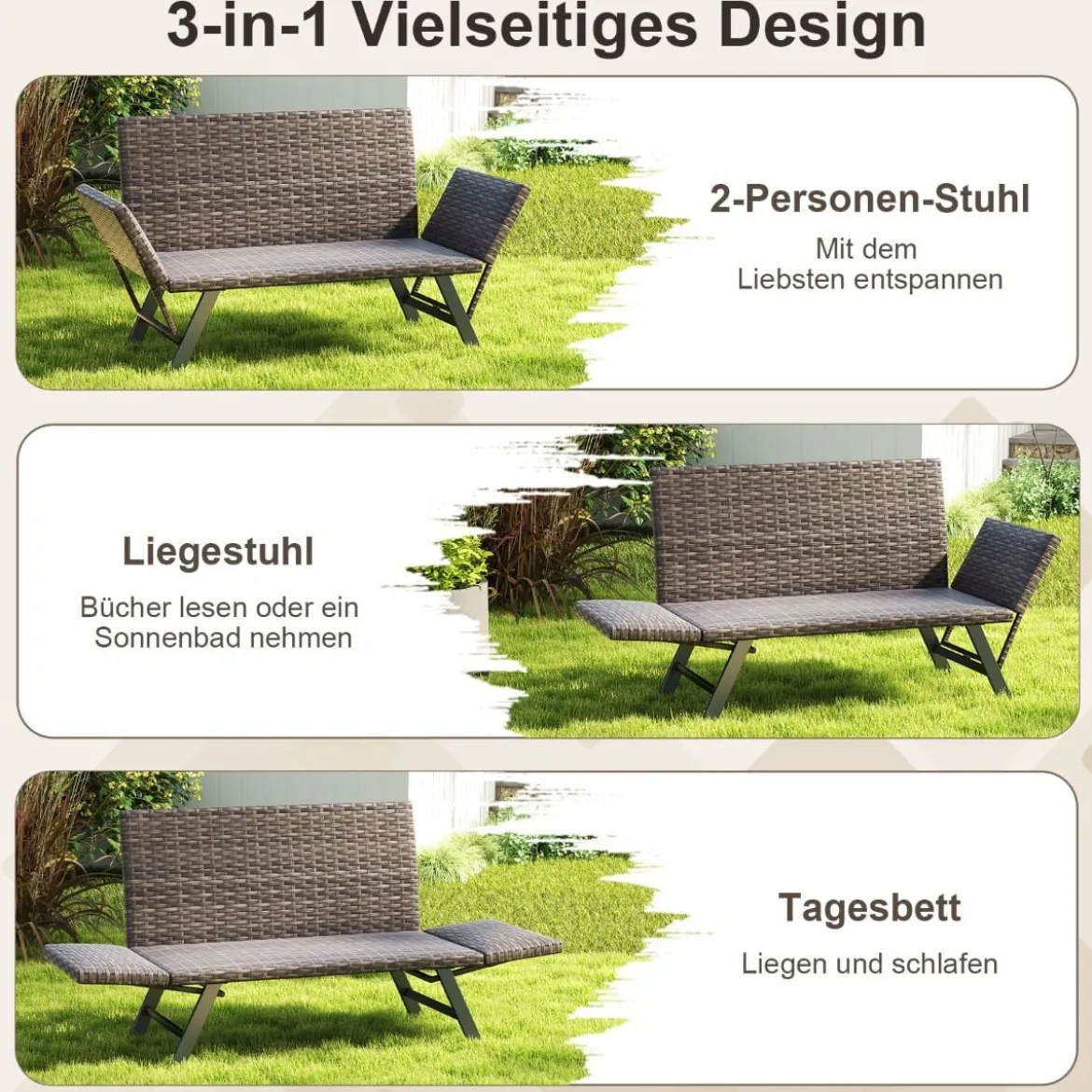 Polyrattan Gartenbank mit Liegefunktion & Verstellbaren Armlehnen Gartensofa Balkonbankbelastbar bis zu 300 kg