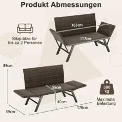 Polyrattan Gartenbank mit Liegefunktion & Verstellbaren Armlehnen Gartensofa Balkonbankbelastbar bis zu 300 kg