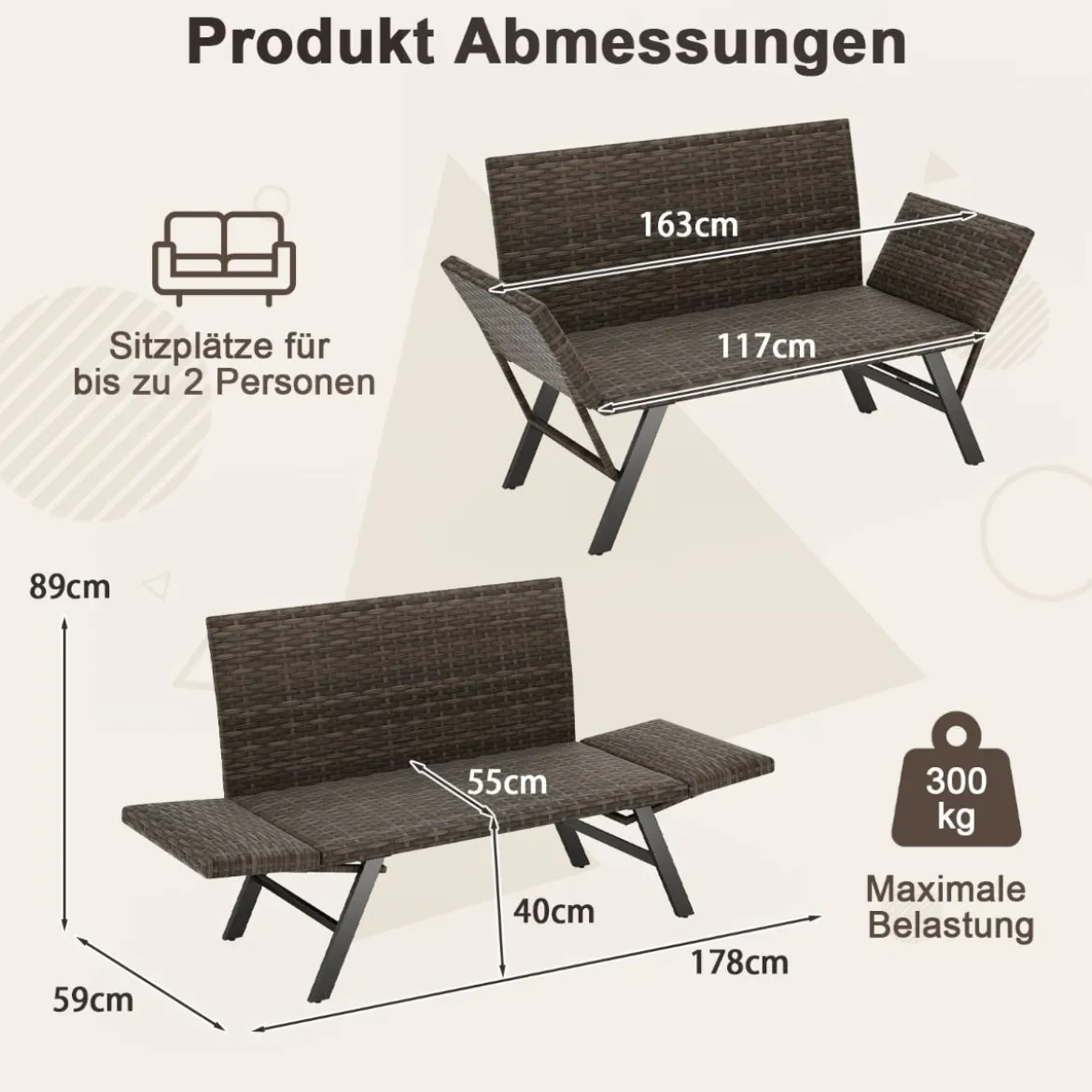 Polyrattan Gartenbank mit Liegefunktion & Verstellbaren Armlehnen Gartensofa Balkonbankbelastbar bis zu 300 kg
