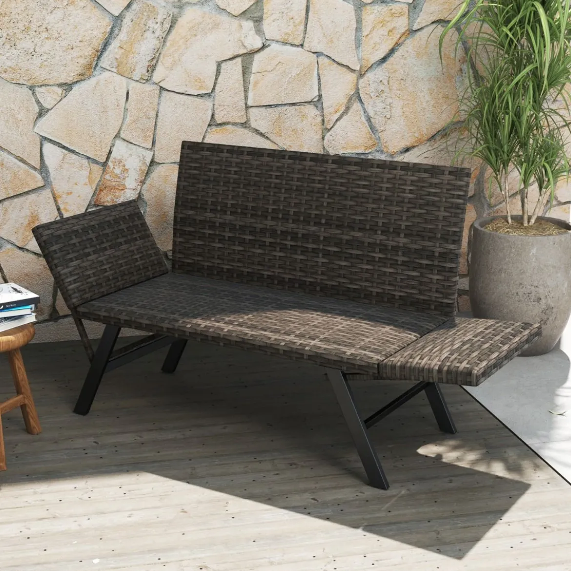 Polyrattan Gartenbank mit Liegefunktion & Verstellbaren Armlehnen Gartensofa Balkonbankbelastbar bis zu 300 kg