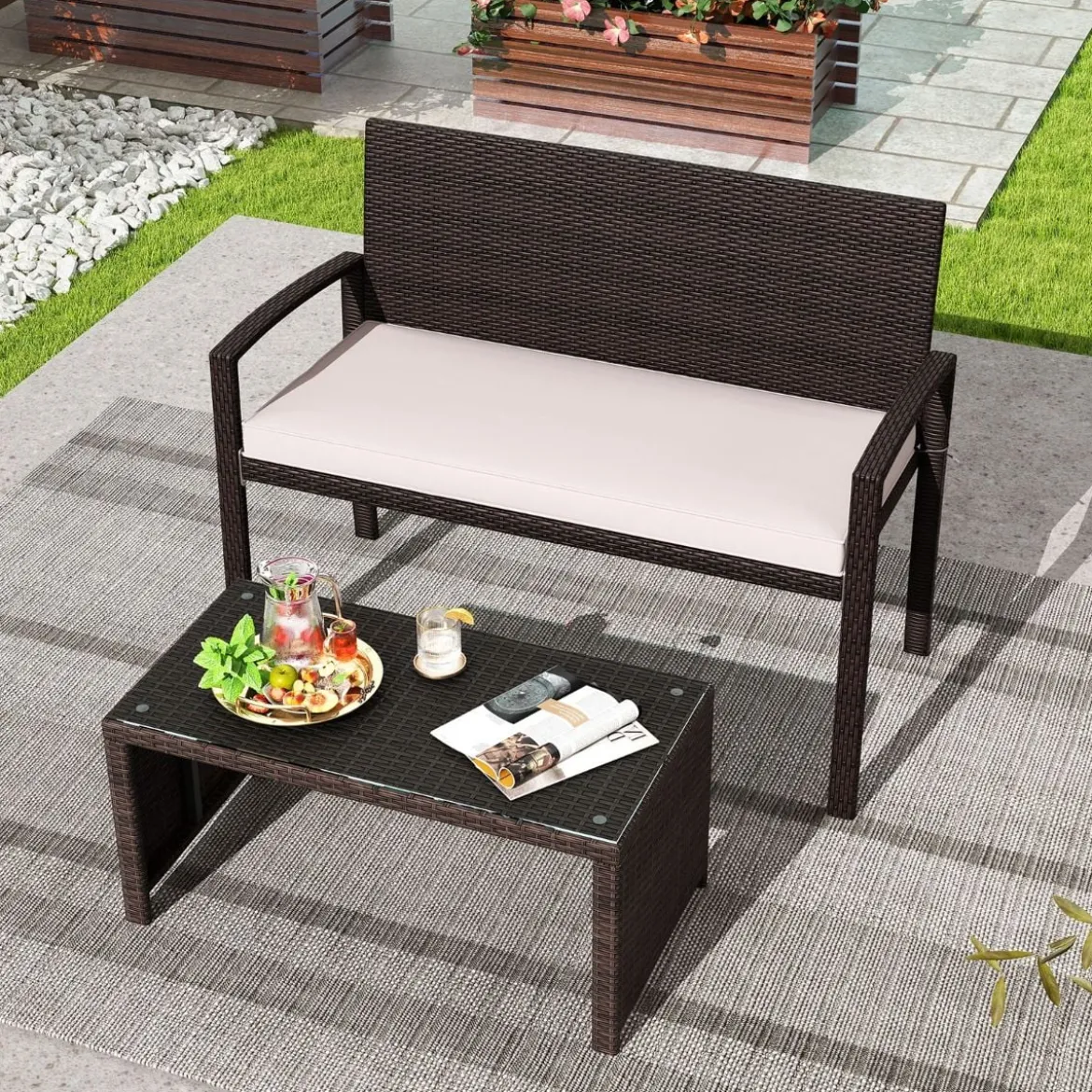 Polyrattan Gartenbank mit Sitzkissen Wetterfeste Balkontank bis 360 kg Belastbar Balkontank