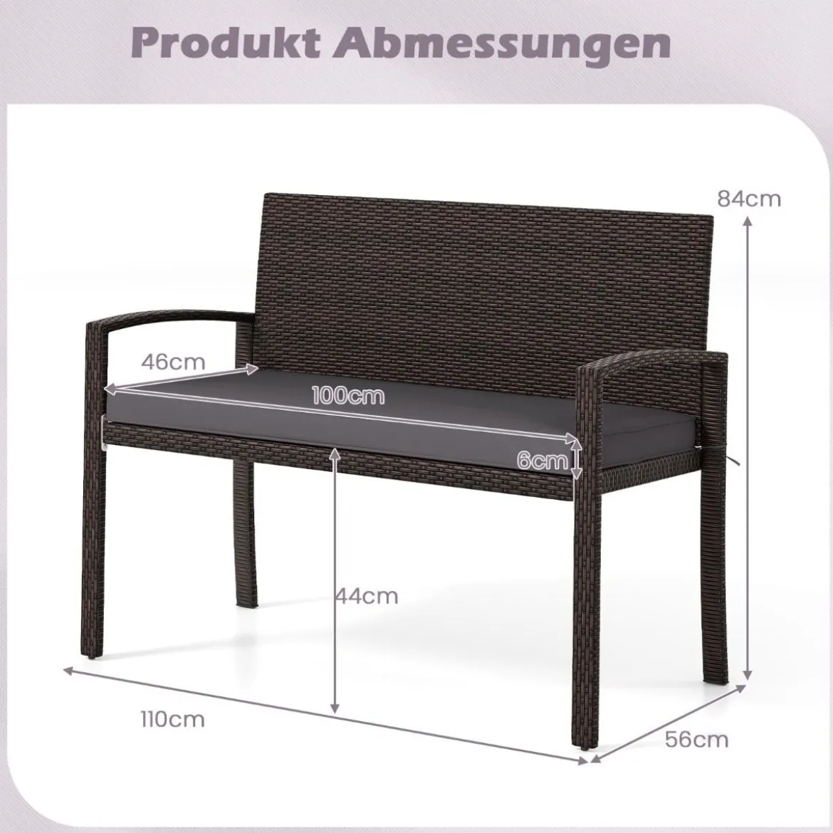 Polyrattan Gartenbank mit Sitzkissen Wetterfeste Balkontank bis 360 kg Belastbar Balkontank