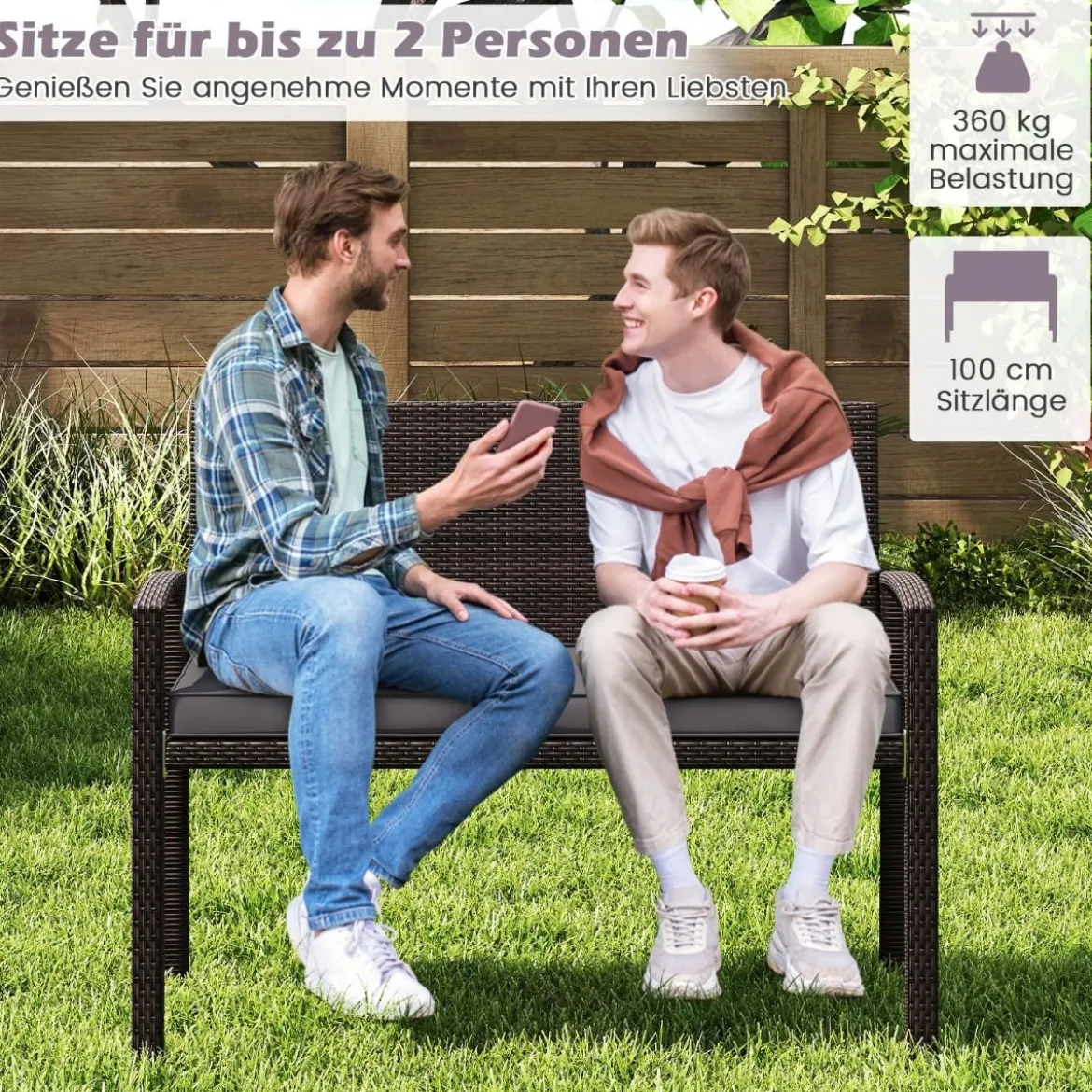 Polyrattan Gartenbank mit Sitzkissen Wetterfeste Balkontank bis 360 kg Belastbar Balkontank