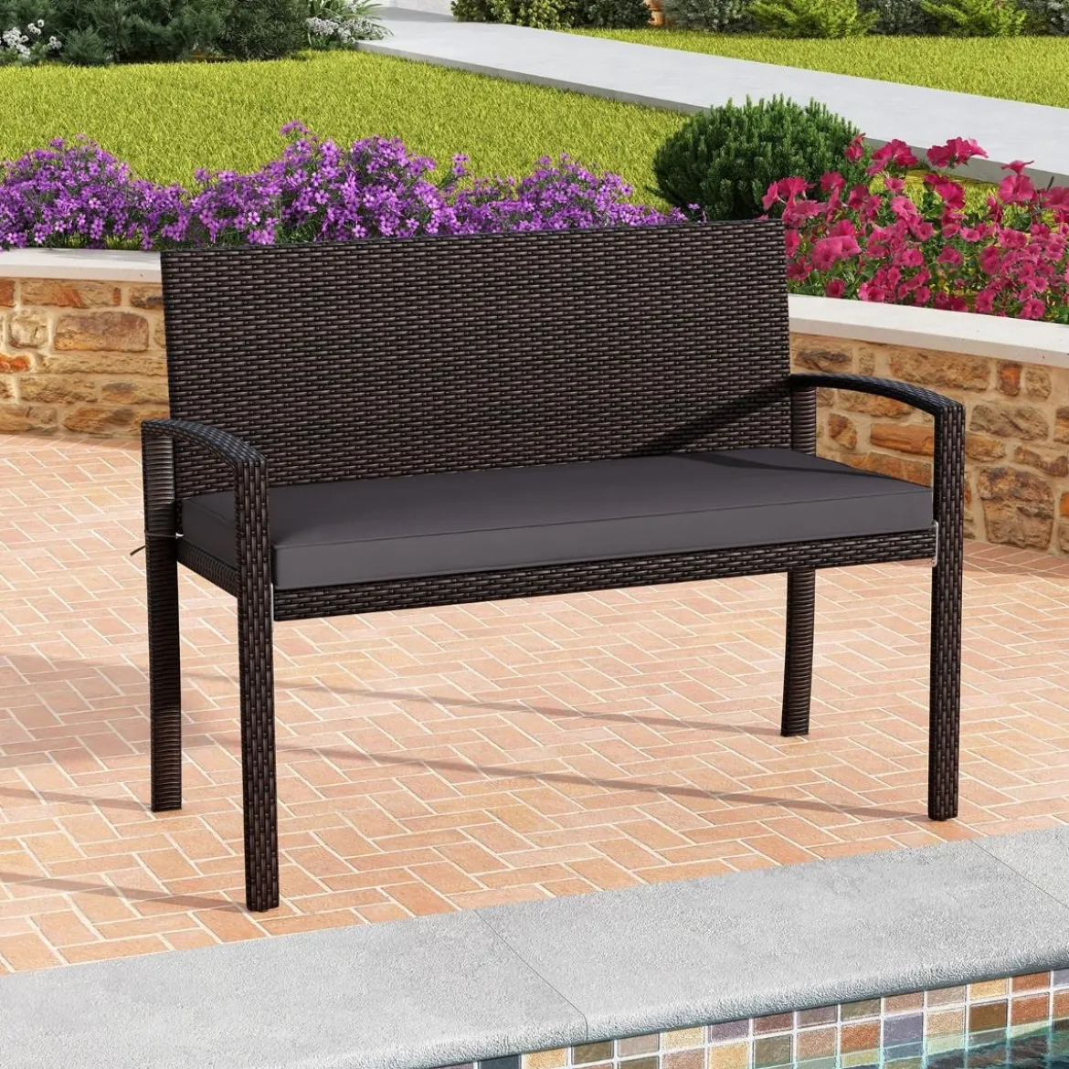 Polyrattan Gartenbank mit Sitzkissen Wetterfeste Balkontank bis 360 kg Belastbar Balkontank