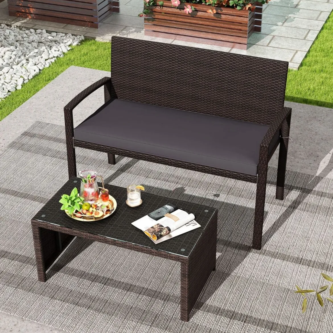 Polyrattan Gartenbank mit Sitzkissen Wetterfeste Balkontank bis 360 kg Belastbar Balkontank