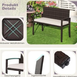 Polyrattan Gartenbank mit Sitzkissen Wetterfeste Balkontank bis 360 kg Belastbar Balkontank