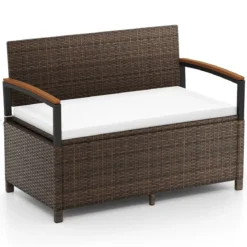 Polyrattan Gartenbank mit Stauraum & Kissen Wetterfeste Truhenbank 2-Sitzer Balkonbank Weiß