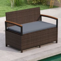 Polyrattan Gartenbank mit Stauraum & Kissen Wetterfeste Truhenbank 2-Sitzer Balkonbank Grau