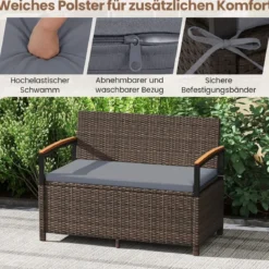 Polyrattan Gartenbank mit Stauraum & Kissen Wetterfeste Truhenbank 2-Sitzer Balkonbank Grau