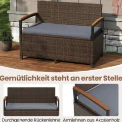 Polyrattan Gartenbank mit Stauraum & Kissen Wetterfeste Truhenbank 2-Sitzer Balkonbank Grau