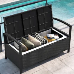 Polyrattan Gartenbank mit Stauraum & Kissen Wetterfeste Truhenbank mit Integrierter Kissenbox Beige