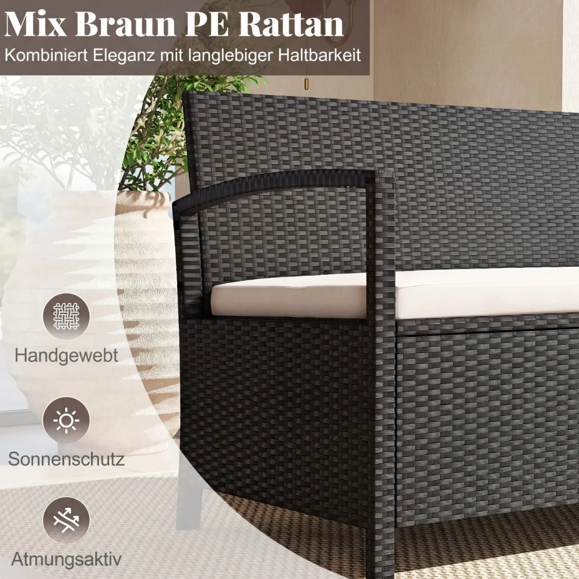 Polyrattan Gartenbank mit Stauraum & Kissen Wetterfeste Truhenbank mit Integrierter Kissenbox Beige