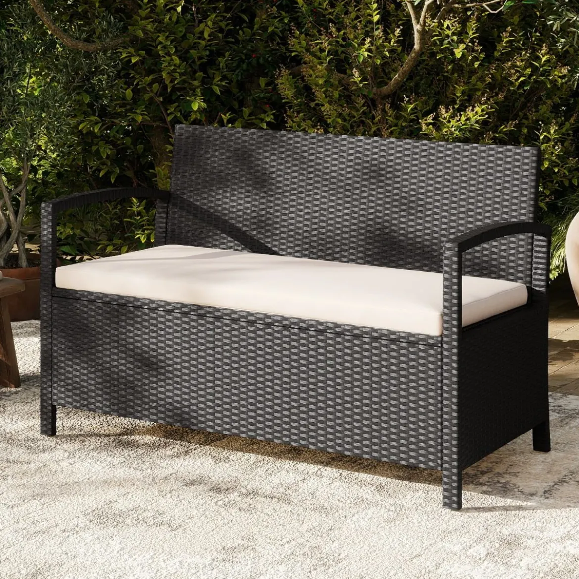 Polyrattan Gartenbank mit Stauraum & Kissen Wetterfeste Truhenbank mit Integrierter Kissenbox Beige