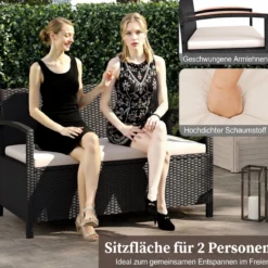 Polyrattan Gartenbank mit Stauraum & Kissen Wetterfeste Truhenbank mit Integrierter Kissenbox Beige