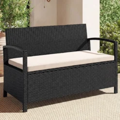Polyrattan Gartenbank mit Stauraum & Kissen Wetterfeste Truhenbank mit Integrierter Kissenbox Beige