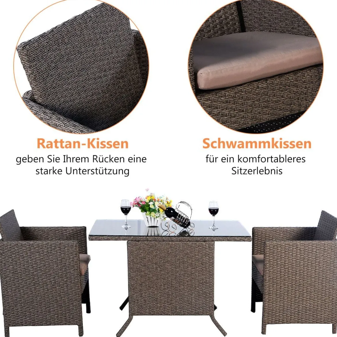 Poly Rattan Gartengarnitur Garten Lounge inkl. Glasplatte und Sitzkissen Braun