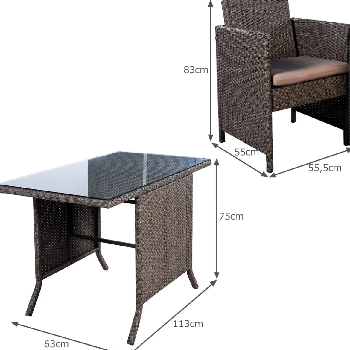 Poly Rattan Gartengarnitur Garten Lounge inkl. Glasplatte und Sitzkissen Braun
