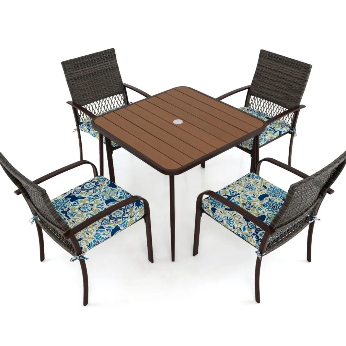 Polyrattan Gartenmöbel Set für 4 Personen Tischplatte aus WPC mit Schirmloch Gartengarnitur