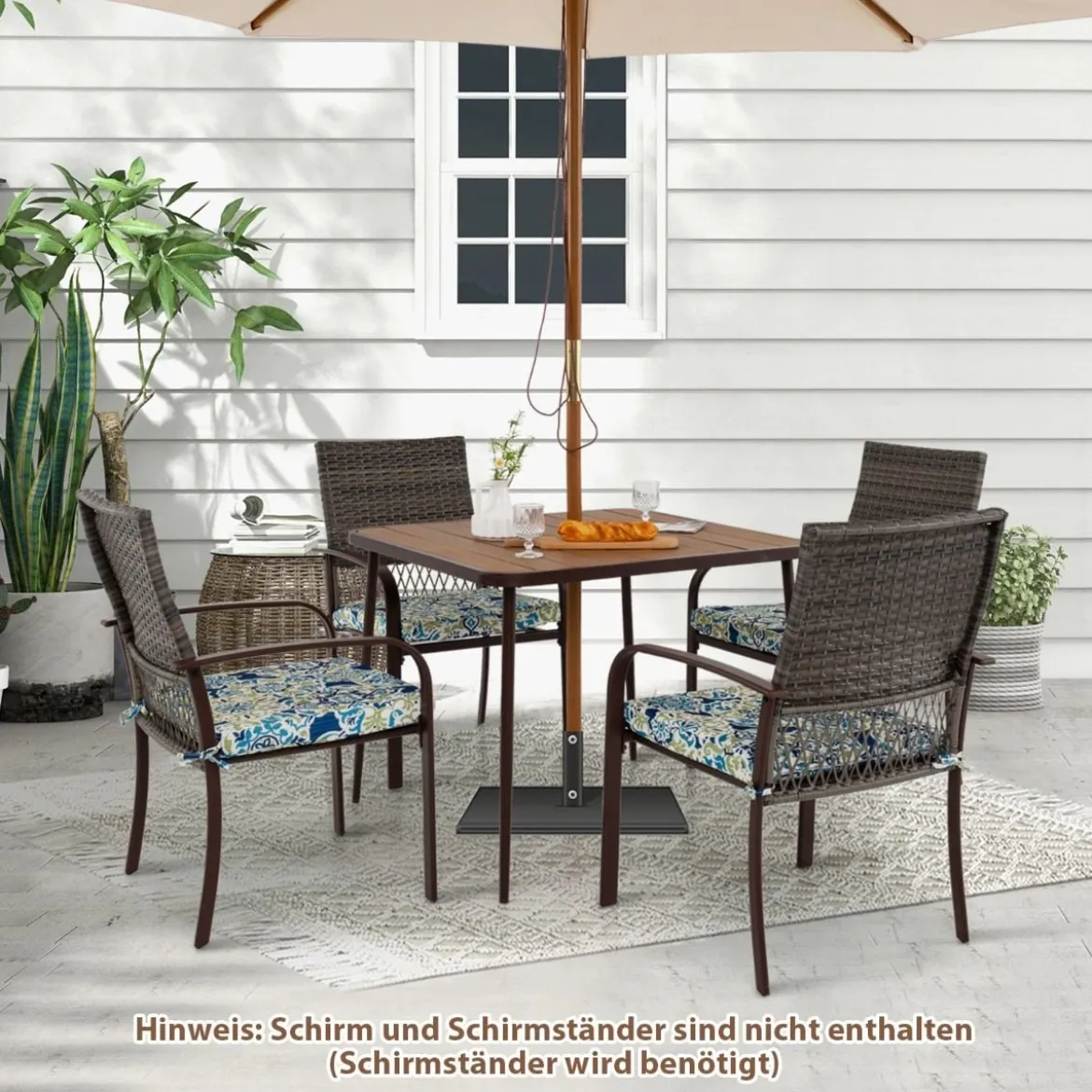 Polyrattan Gartenmöbel Set für 4 Personen Tischplatte aus WPC mit Schirmloch Gartengarnitur