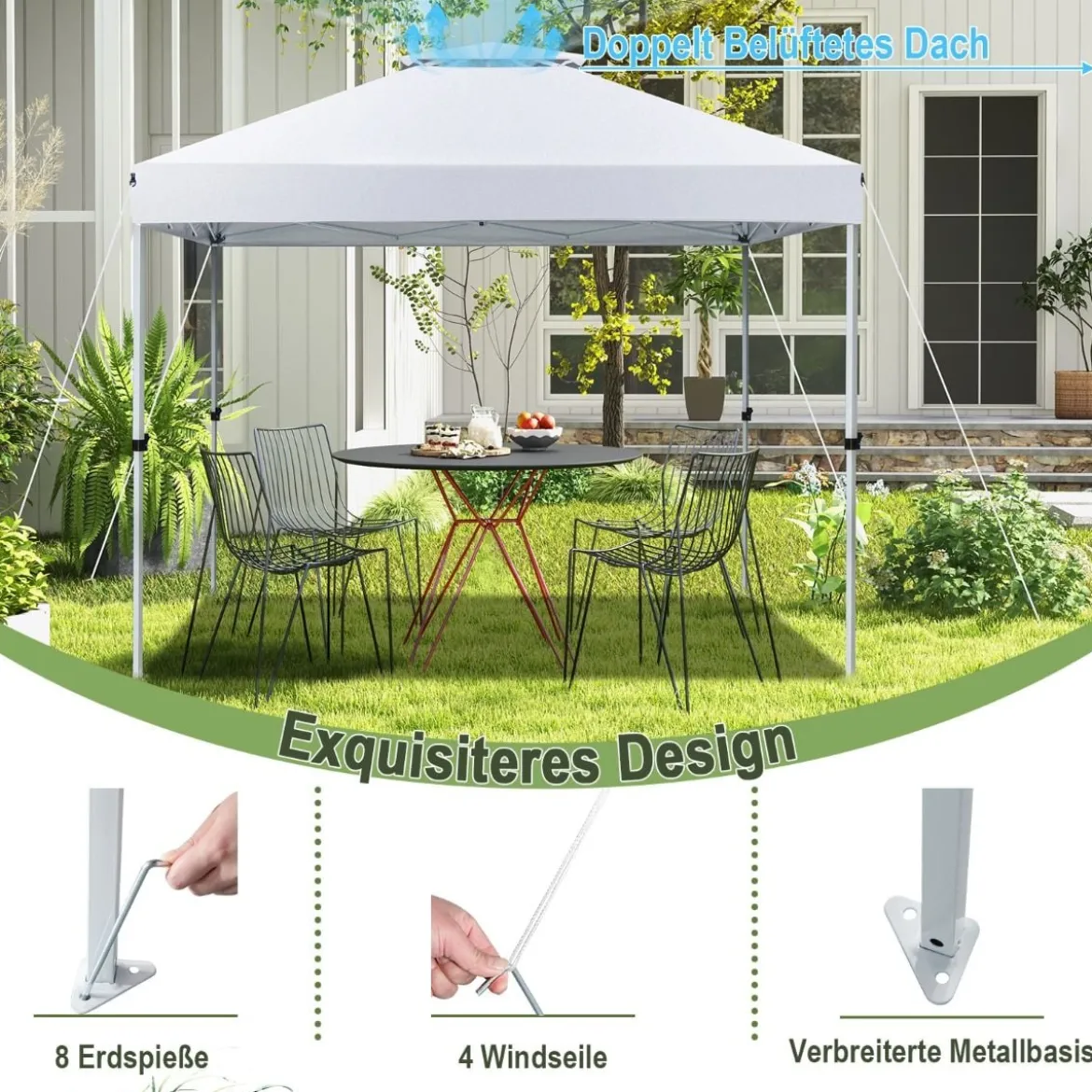 Pop-up-Überdachungszelt Outdoor Partyzelt mit verstellbarer Höhe 305 x 305 cm Silberweiß