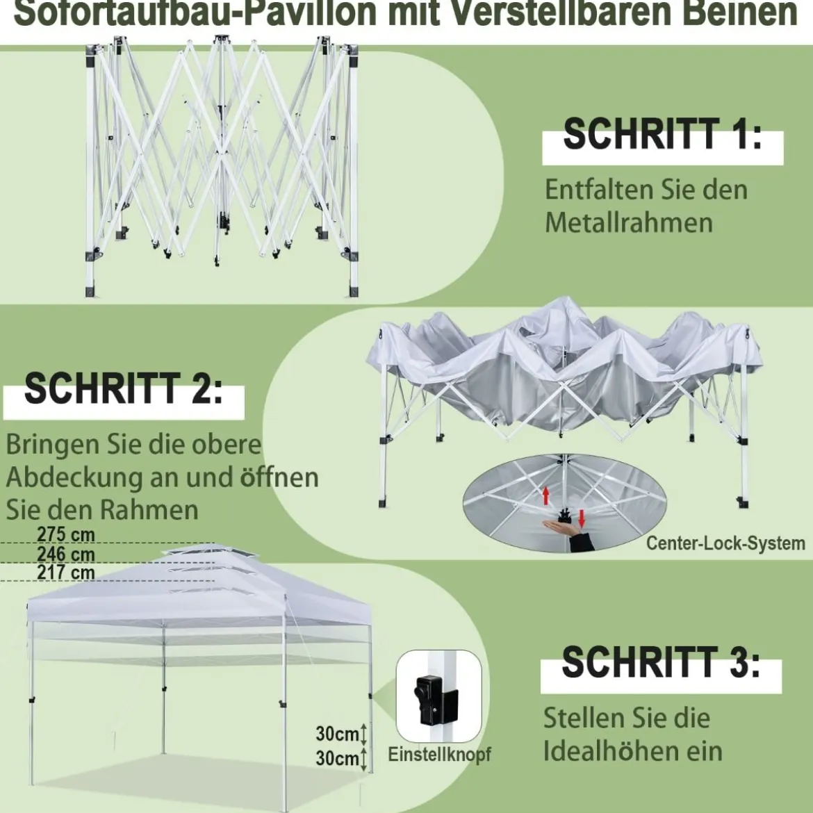Pop-up-Überdachungszelt Outdoor Partyzelt mit verstellbarer Höhe 305 x 305 cm Silberweiß