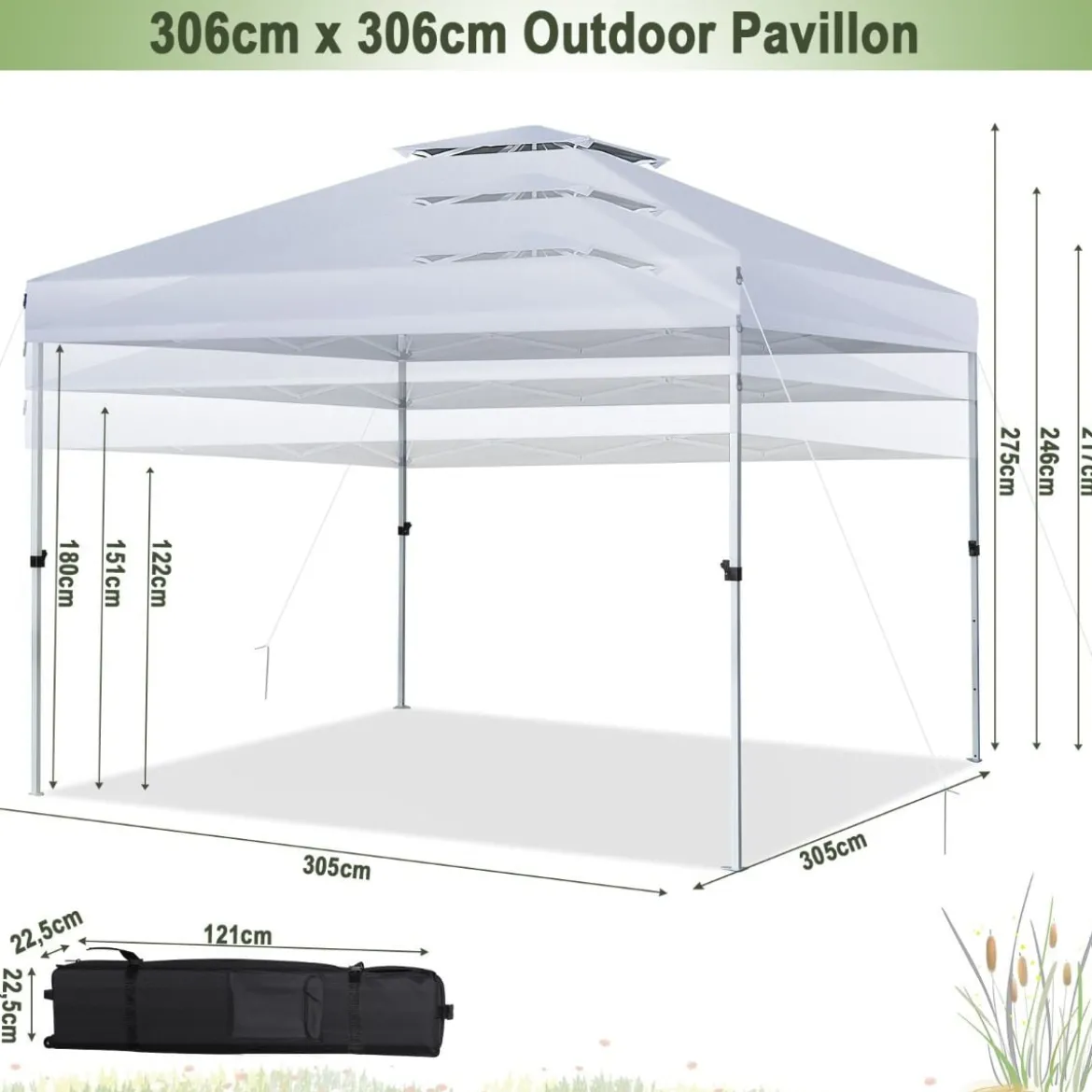 Pop-up-Überdachungszelt Outdoor Partyzelt mit verstellbarer Höhe 305 x 305 cm Silberweiß