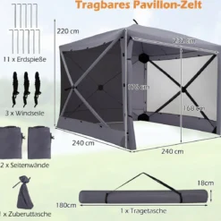 Pop-Up Faltpavillon Sonnenschutz Pavillon mit Abnehmbaren Seitenwänden 240 x 240 x 220 cm