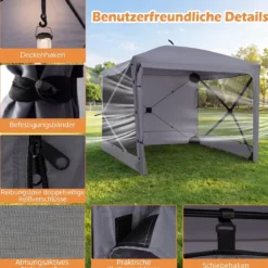 Pop-Up Faltpavillon Sonnenschutz Pavillon mit Abnehmbaren Seitenwänden 240 x 240 x 220 cm