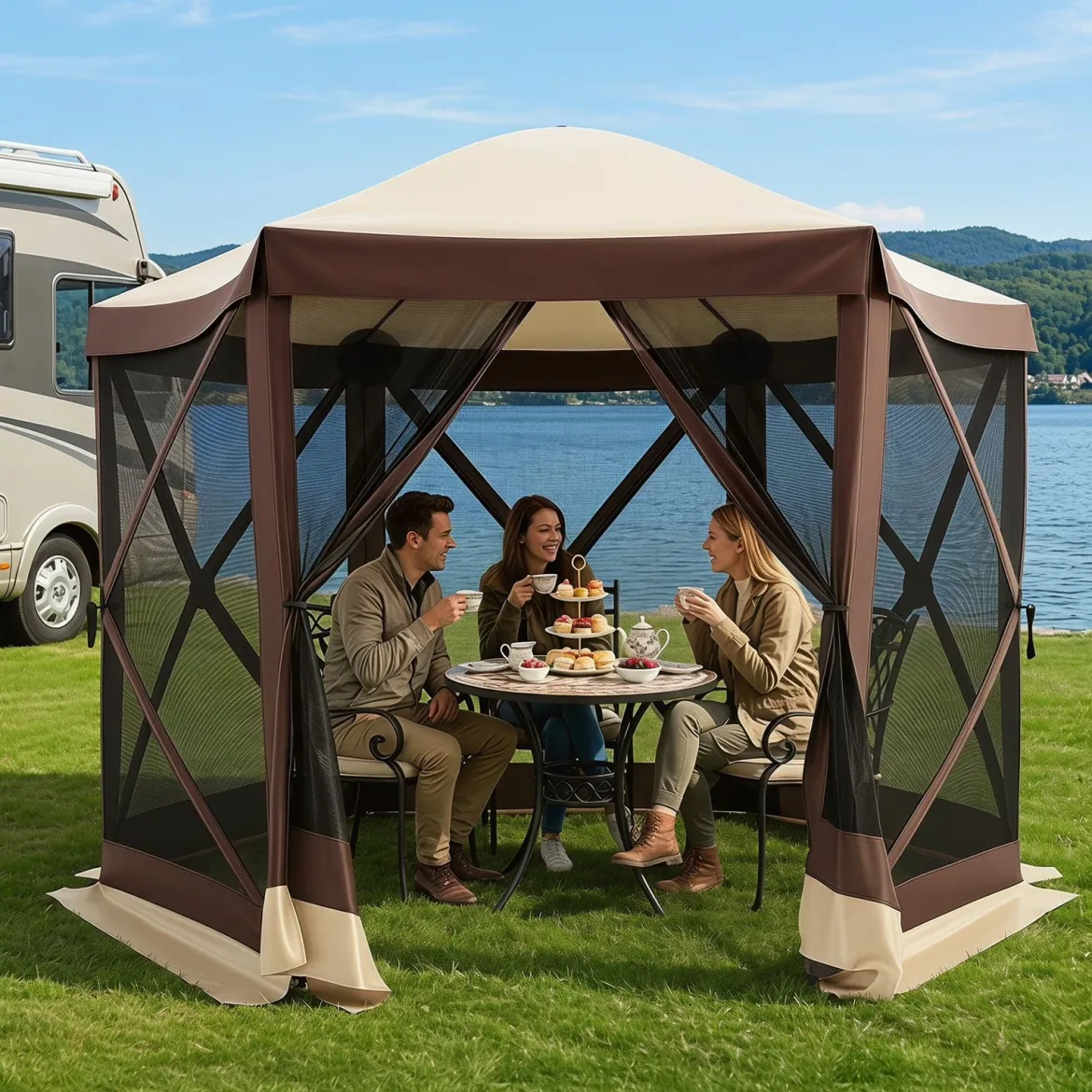 Pop-up Pavillon für 6-8/4-6 Personen Faltpavillon mit 6 Moskitonetzen & Reißverschlusstür 6-Seitiger Gartenpavillon