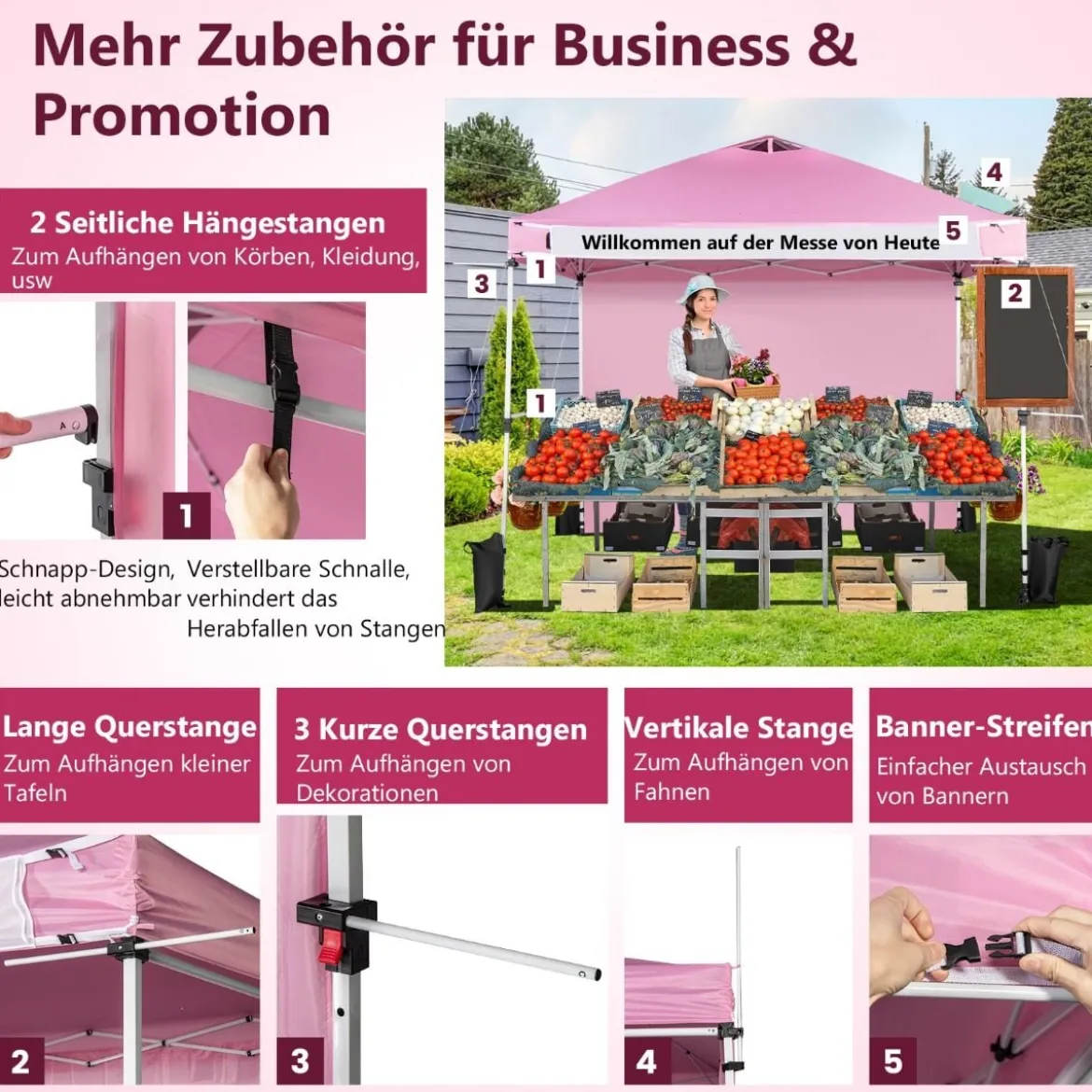 Pop Up Pavillon 3 m x 3 m Aufklappbares Vordach mit Seitenwand Rosa