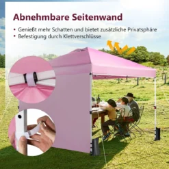 Pop Up Pavillon 3 m x 3 m Aufklappbares Vordach mit Seitenwand Rosa