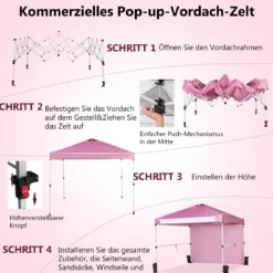 Pop Up Pavillon 3 m x 3 m Aufklappbares Vordach mit Seitenwand Rosa