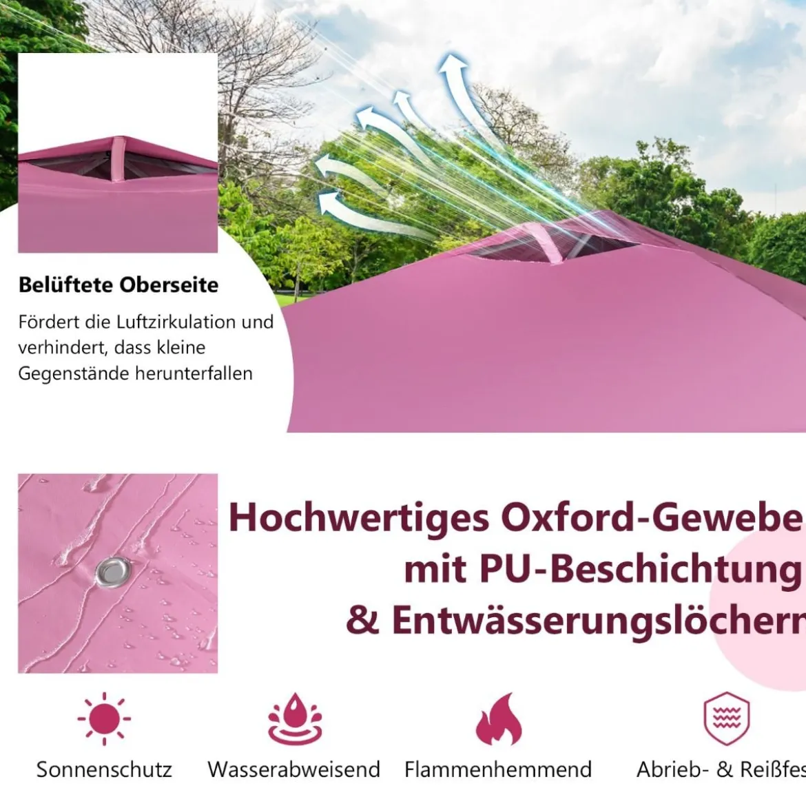 Pop Up Pavillon 3 m x 3 m Aufklappbares Vordach mit Seitenwand Rosa