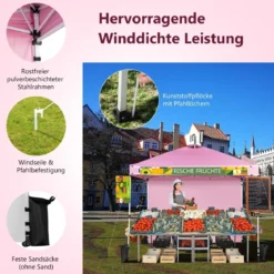 Pop Up Pavillon 3 m x 3 m Aufklappbares Vordach mit Seitenwand Rosa
