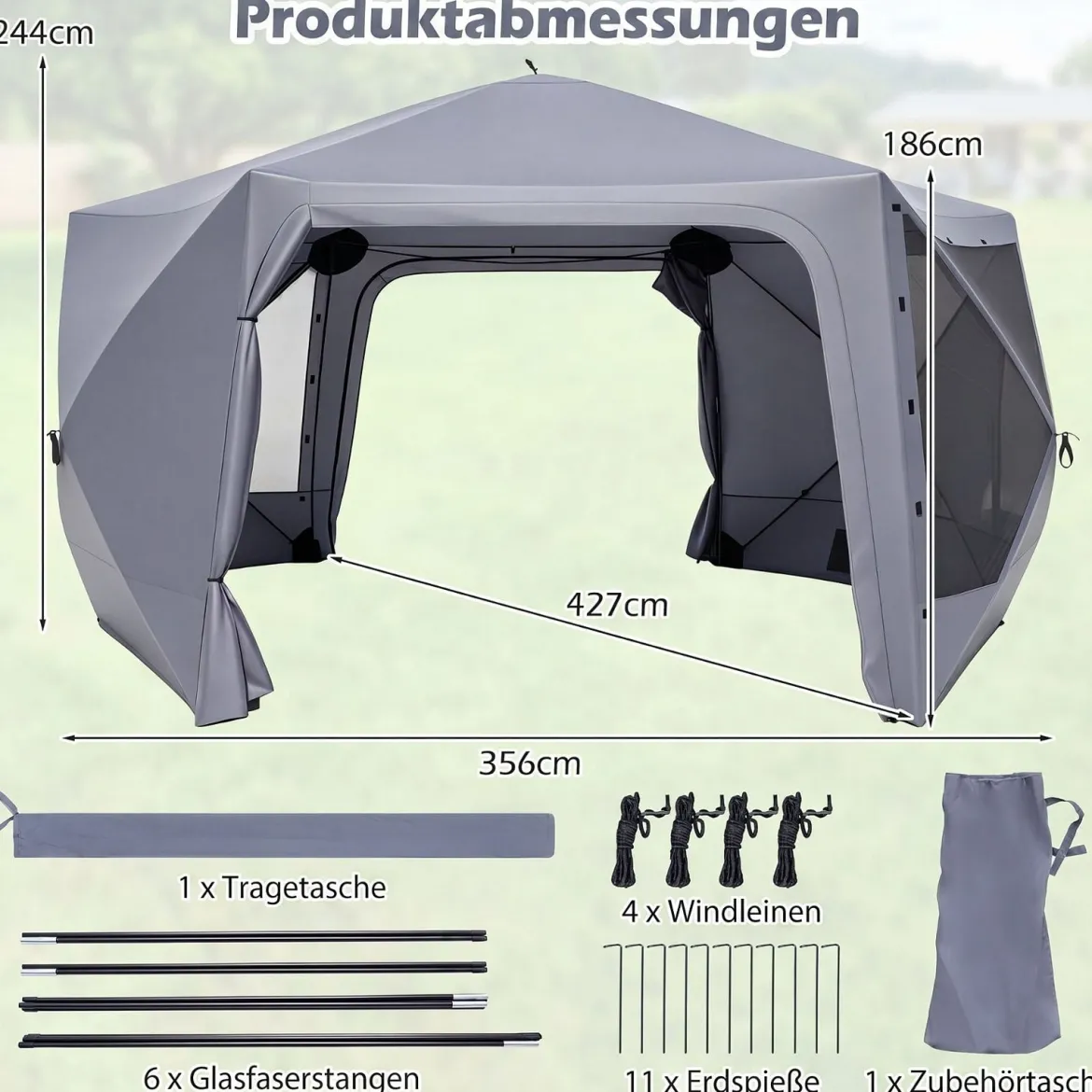Pop-up Pavillon 427 x 427 cm Gartenpavillon für 10-12 Personen Partyzelt mit 6 Seitenteilen