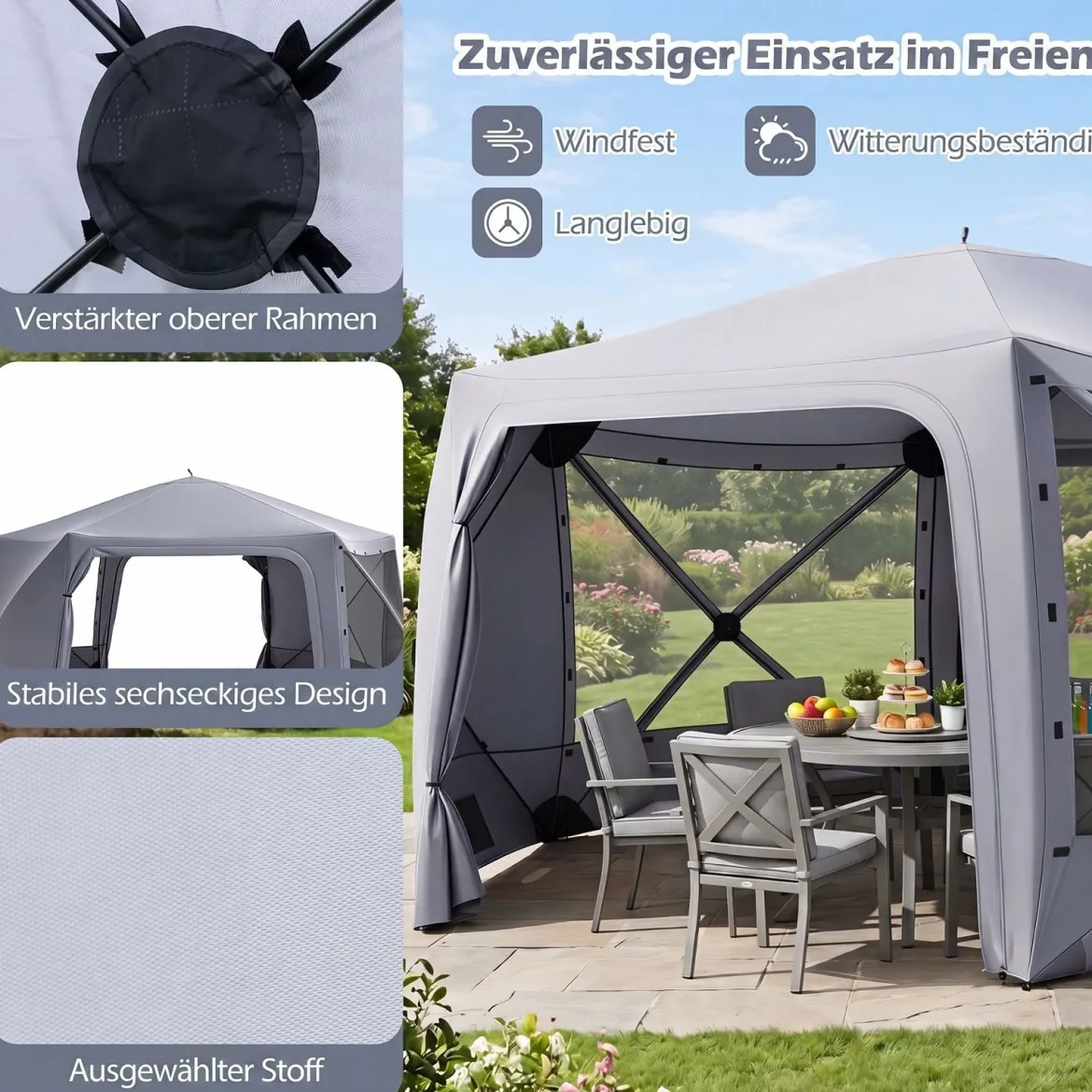 Pop-up Pavillon 427 x 427 cm Gartenpavillon für 10-12 Personen Partyzelt mit 6 Seitenteilen
