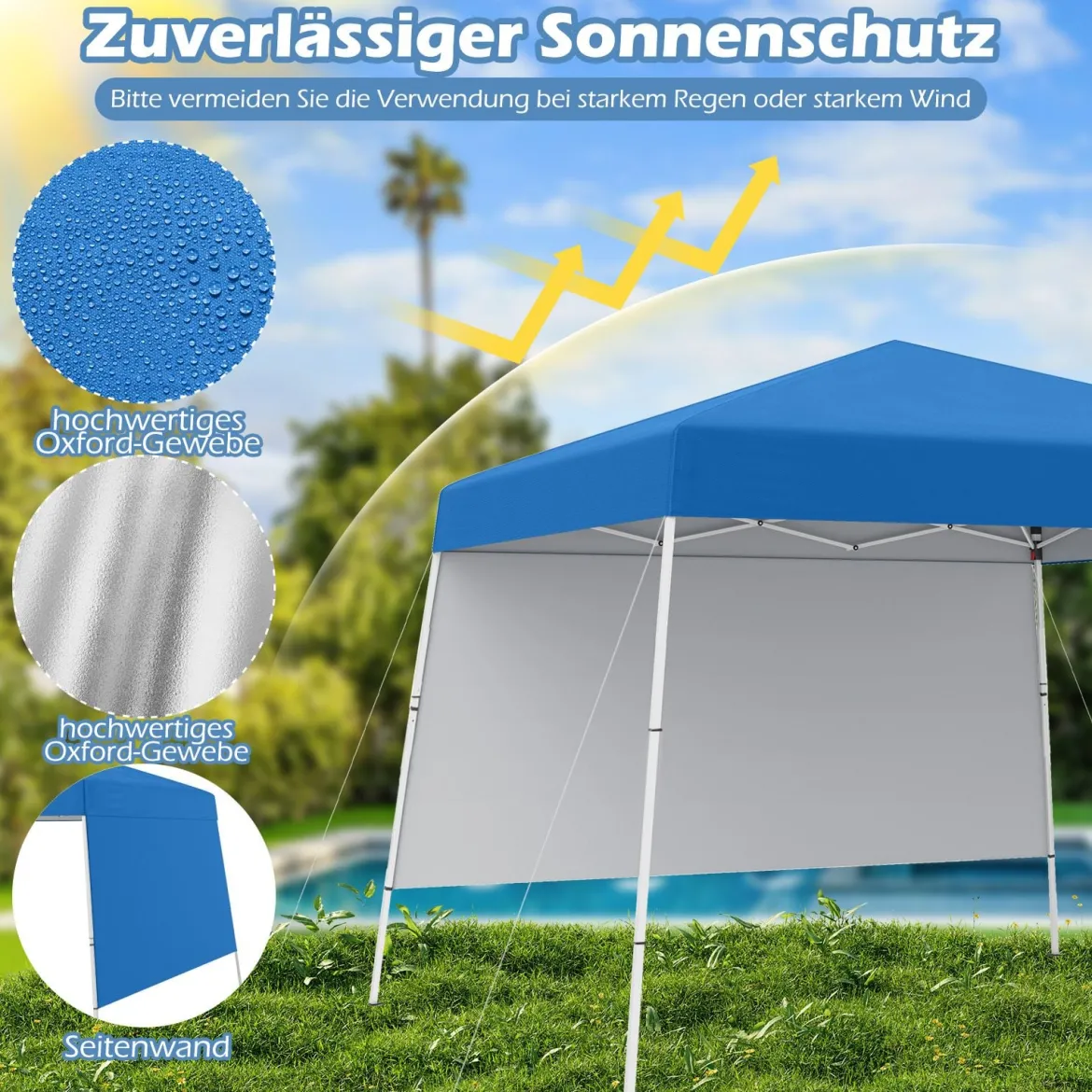 Pop up Pavillon 3 x 3 m Faltpavillon mit 1 Seitenwand & tragbarem Rucksack & 4 Erdankern Gartenpavillon Partyzelt für Garten Party Blau