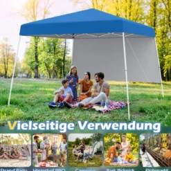 Pop up Pavillon 3 x 3 m Faltpavillon mit 1 Seitenwand & tragbarem Rucksack & 4 Erdankern Gartenpavillon Partyzelt für Garten Party Blau