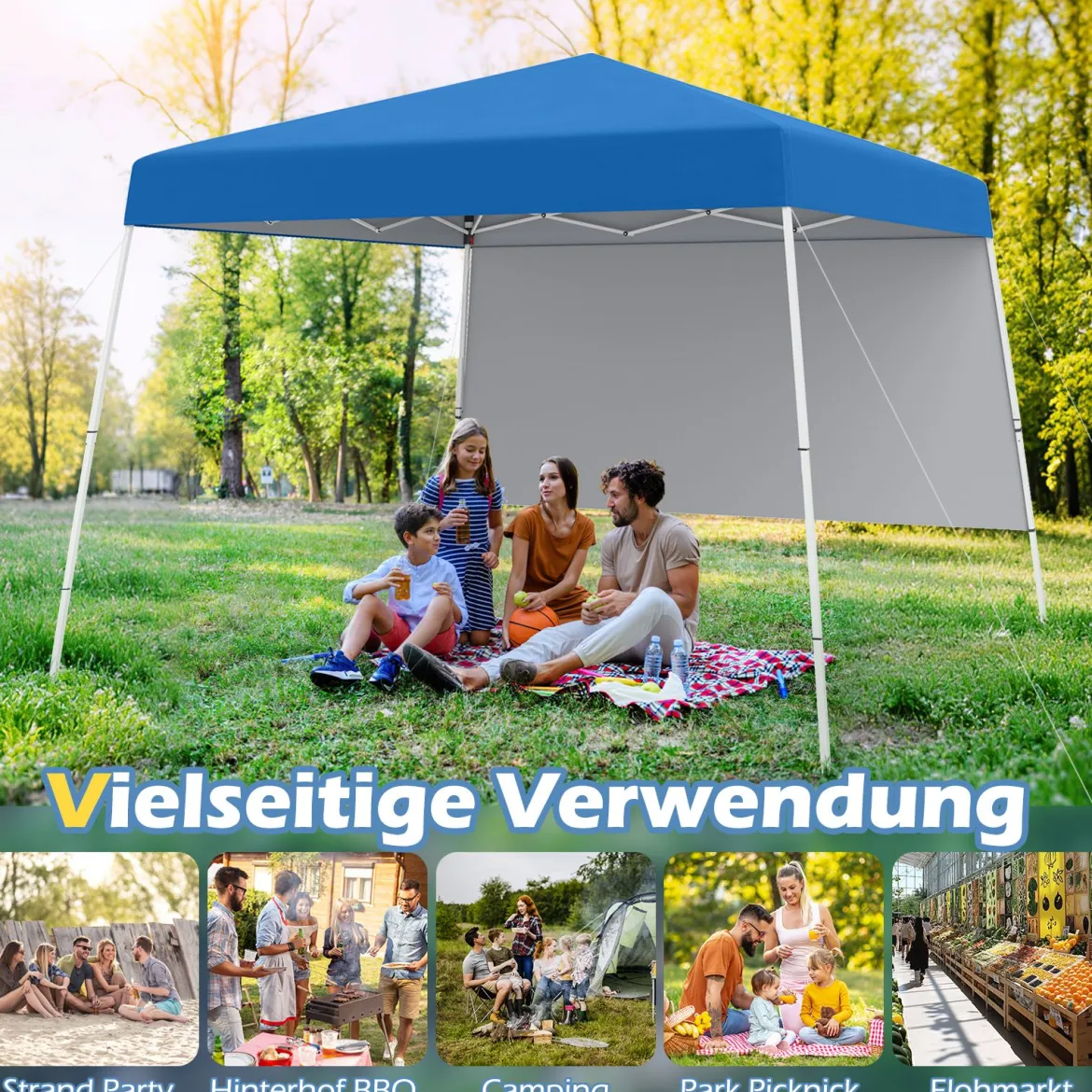 Pop up Pavillon 3 x 3 m Faltpavillon mit 1 Seitenwand & tragbarem Rucksack & 4 Erdankern Gartenpavillon Partyzelt für Garten Party Blau