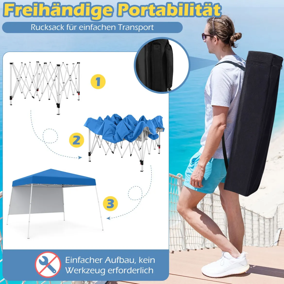 Pop up Pavillon 3 x 3 m Faltpavillon mit 1 Seitenwand & tragbarem Rucksack & 4 Erdankern Gartenpavillon Partyzelt für Garten Party Blau