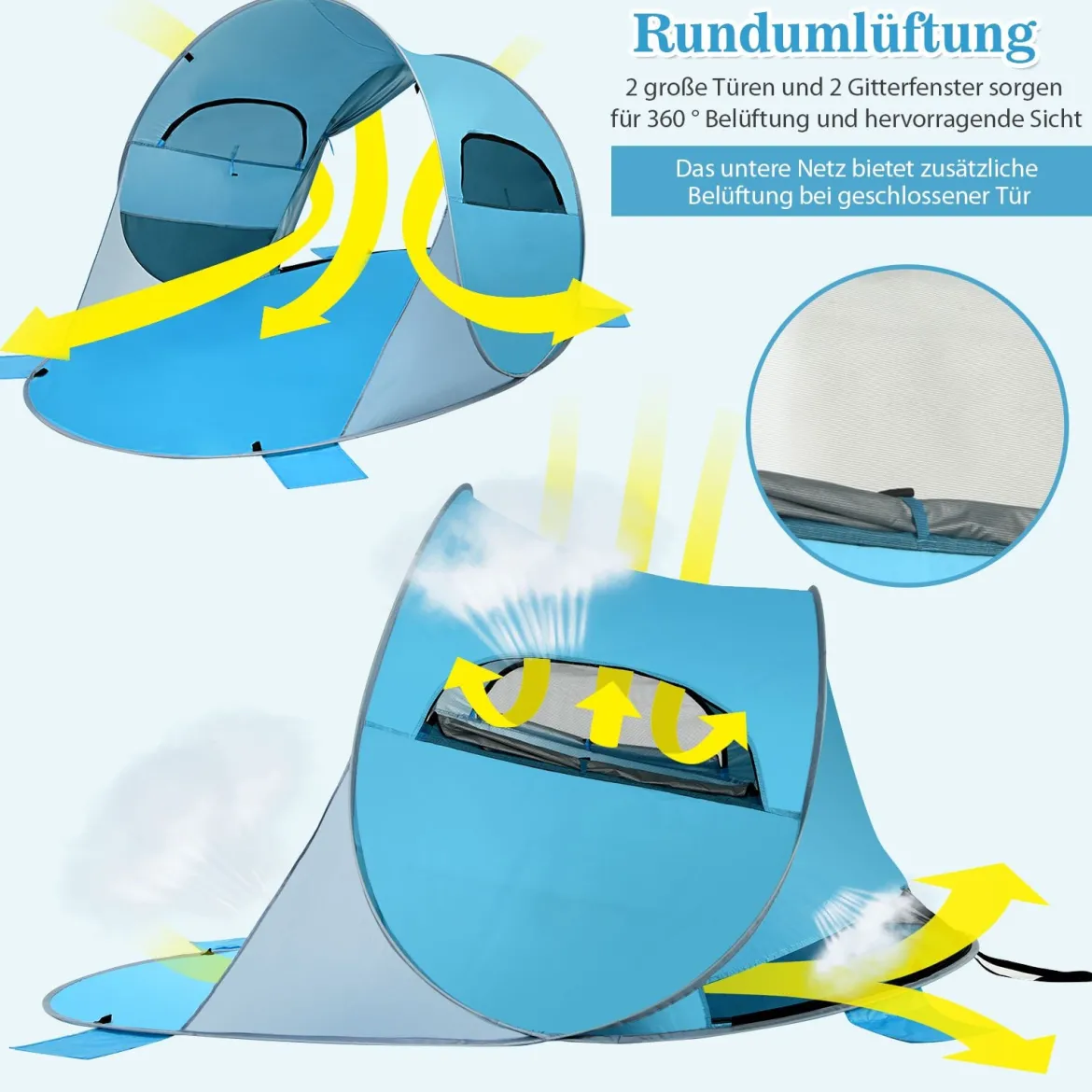 Pop Up Strandmuschel 3-4 Personen Strandzelt Sonnenschutz Wurfzelt für Outdoor Blau