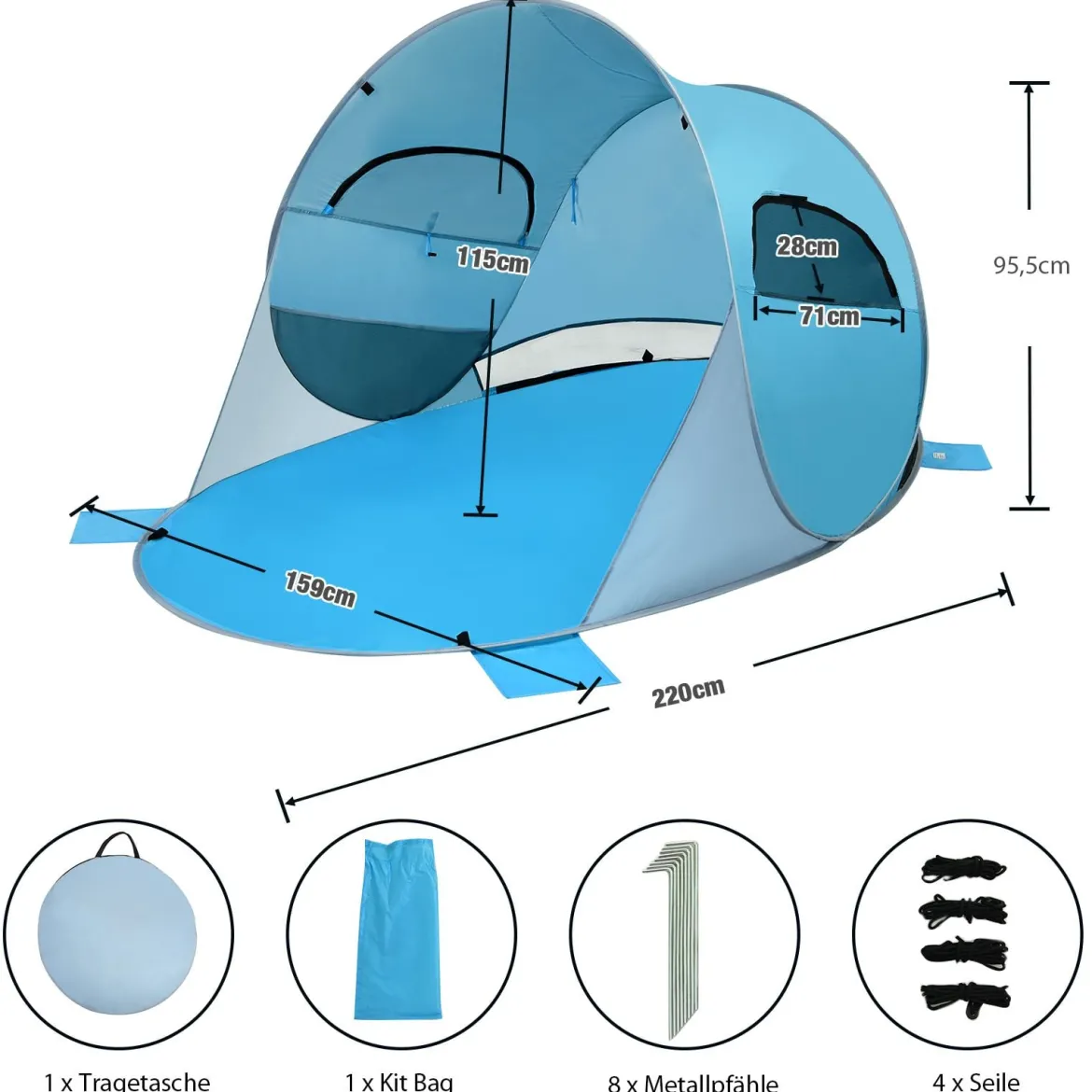 Pop Up Strandmuschel 3-4 Personen Strandzelt Sonnenschutz Wurfzelt für Outdoor Blau
