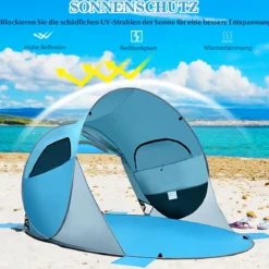Pop Up Strandmuschel 3-4 Personen Strandzelt Sonnenschutz Wurfzelt für Outdoor Blau
