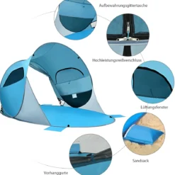 Pop Up Strandmuschel 3-4 Personen Strandzelt Sonnenschutz Wurfzelt für Outdoor Blau
