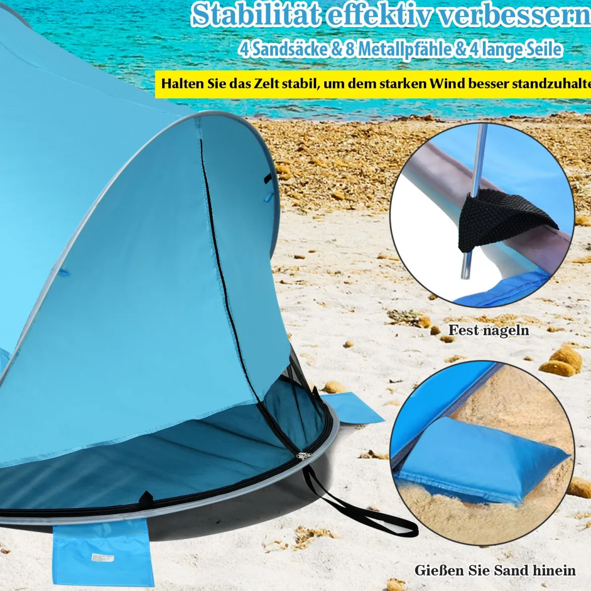 Pop Up Strandmuschel 3-4 Personen Strandzelt Sonnenschutz Wurfzelt für Outdoor Blau