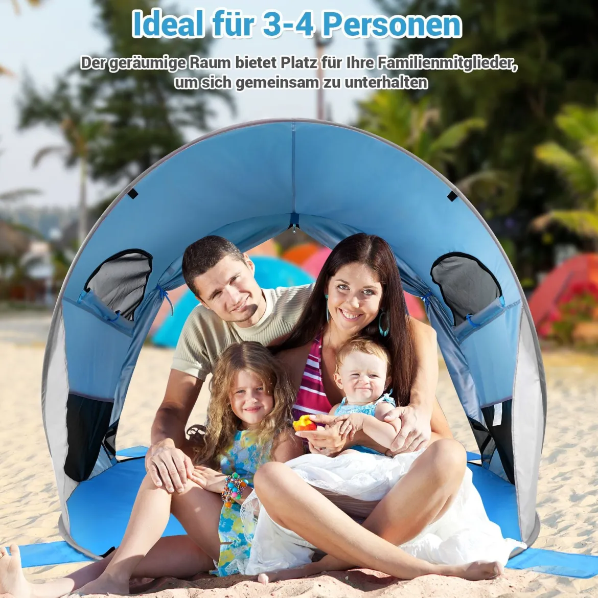 Pop Up Strandmuschel 3-4 Personen Strandzelt Sonnenschutz Wurfzelt für Outdoor Blau
